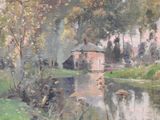a painting of a house by the water in the woods
