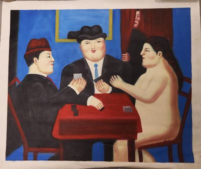 a painting of three men playing cards at a table