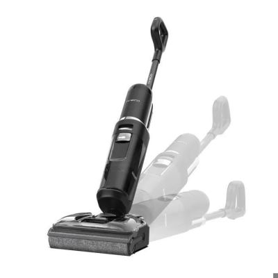 photo en noir et blanc d'un aspirateur sans fil sur fond blanc