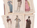 six antique fashion plates of men and women in period clothing
