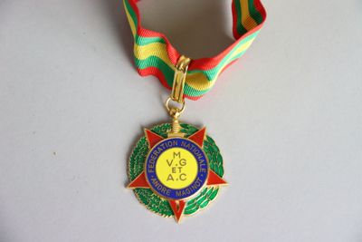 Gros plan sur une médaille entourée d'un ruban