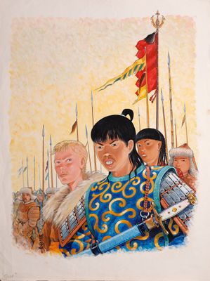 un tableau représentant une femme tenant une épée devant un groupe d'hommes