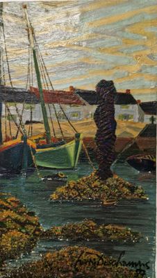 un tableau représentant un homme debout à côté d'un bateau dans l'eau