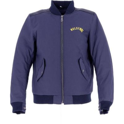 a blue jacket with a yellow logo on the front