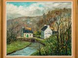 an oil painting of a house and a stream in a field