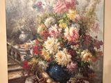 a painting of a vase of flowers on a table
