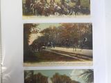 several pictures of a group of people riding horses down a road