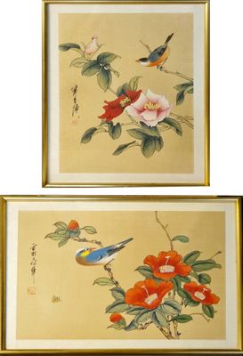 ASIE. Lot de deux peintures sur soie représentant des oiseau…