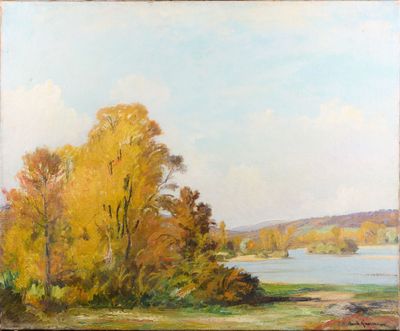 une image représentant un tableau représentant un paysage avec des arbres et un plan d'eau