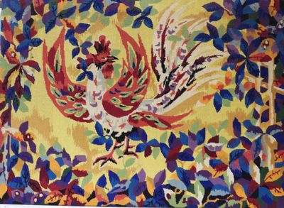 a picture of a colorful tapestry with a rooster on it