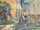 tableau représentant un pont sur une rivière, avec une église en arrière-plan