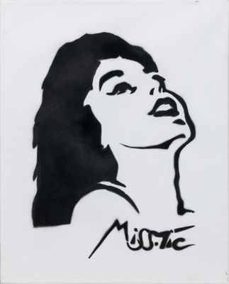 a black and white drawing of a woman ' s face on a white background