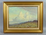 un tableau représentant un paysage avec, au loin, une personne sur une colline
