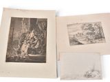 three antique prints of a woman and a man sitting on a bench