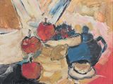 a painting of a bowl of fruit on a table
