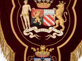 an image of a red and gold banner with a coat of arms