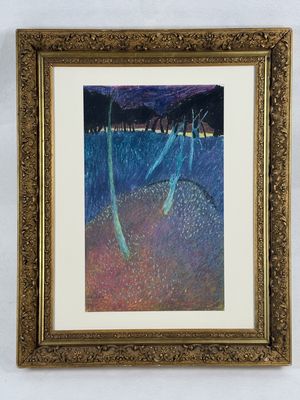 framed picture of a painting of boats in the water at night