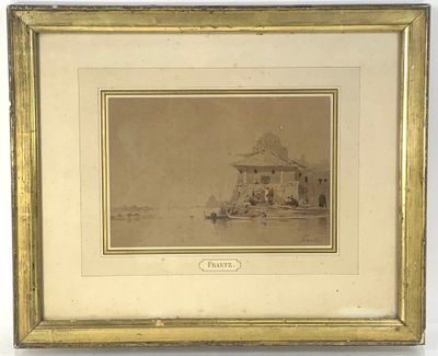 peinture d'un bateau sur un plan d'eau avec un bâtiment en arrière-plan