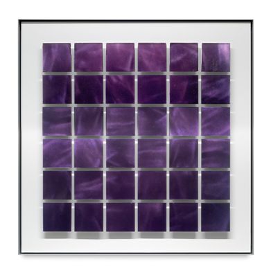 an abstract painting of purple squares on a white background