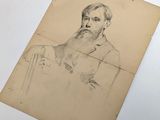 an old drawing of a man with a beard sitting in a chair