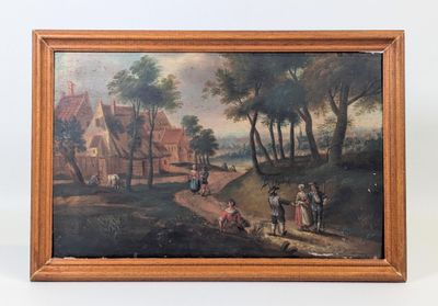 une peinture à l'huile représentant une scène de village avec des personnages et des chevaux