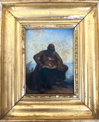 an image of a painting of a man sitting on a rock by the ocean
