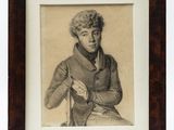 framed drawing of a man in a coat sitting on a chair