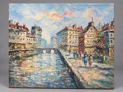 an oil painting of a city street with people walking on the sidewalk