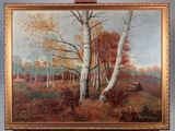 an oil painting of a birch tree in a field with a log in the foreground and a blue sky in the background