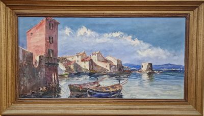 une peinture à l'huile représentant des bateaux dans un port avec un château à l'arrière-plan