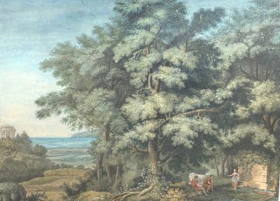 une photo d'un tableau représentant un homme et une femme dans un environnement boisé