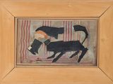 une image représentant un tableau où figurent un chat et un chien sur un fond rayé