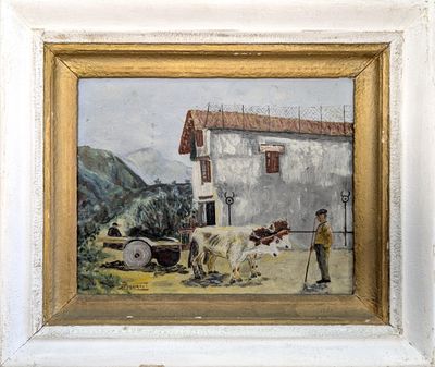 un vieux tableau représentant un homme et deux vaches devant un bâtiment