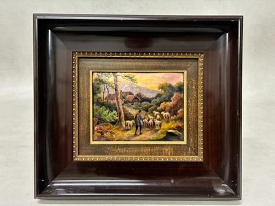 a picture of a picture of a painting of a herd of sheep