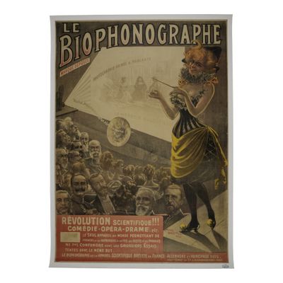 an old poster of a woman holding a sheet of paper in front of a crowd