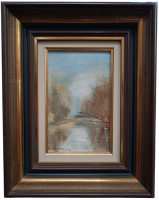 une peinture d'une rivière avec des arbres en arrière-plan