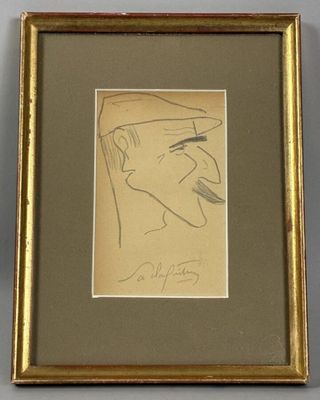 un dessin représentant un homme coiffé d'un chapeau, dans un cadre doré