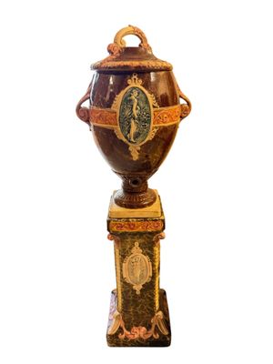 a vase that is sitting on a pedestal on a white background