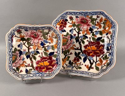 a pair of plates with flowers and leaves painted on them