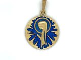 gold plated pendant with a blue and white design of a woman ' s face