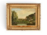 un tableau représentant un paysage avec une rivière au premier plan et des arbres au premier plan