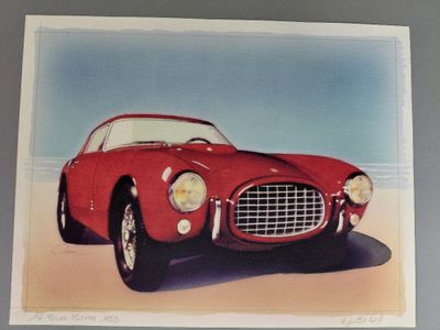 tableau représentant une voiture de sport rouge sur une plage, avec un ciel bleu en arrière-plan