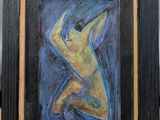 tableau représentant une femme dans un cadre noir, sur fond bleu et jaune