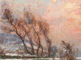 an oil painting of a snowy landscape with a river and trees