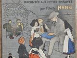 un vieux livre sur lequel figure l'image d'un homme et de deux enfants jouant avec un chien