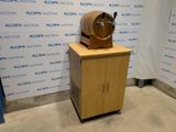 an image of a wooden cabinet with a beer keg on top