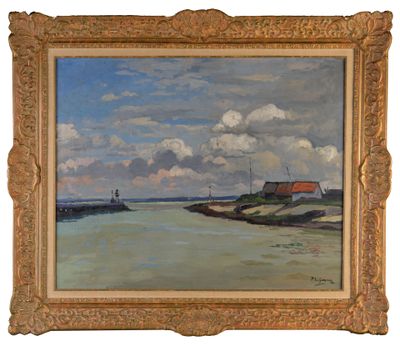 une image d'une peinture représentant une scène de plage avec un bateau dans l'eau