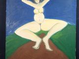 une peinture à l'huile représentant une femme assise au sommet d'une colline verte