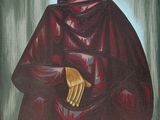 an oil painting of a man in a red cloak holding a knife