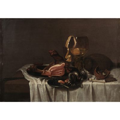 une peinture représentant une nature morte avec un verre de vin et de la viande posés sur une table